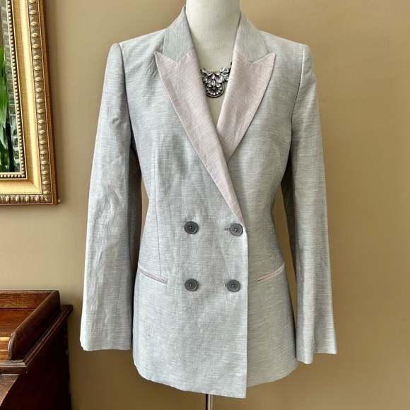 Rebecca Taylor Slub Linen Blend Gray and Pink Double Breasted Blazer Size 10 - Picture 4 of 16